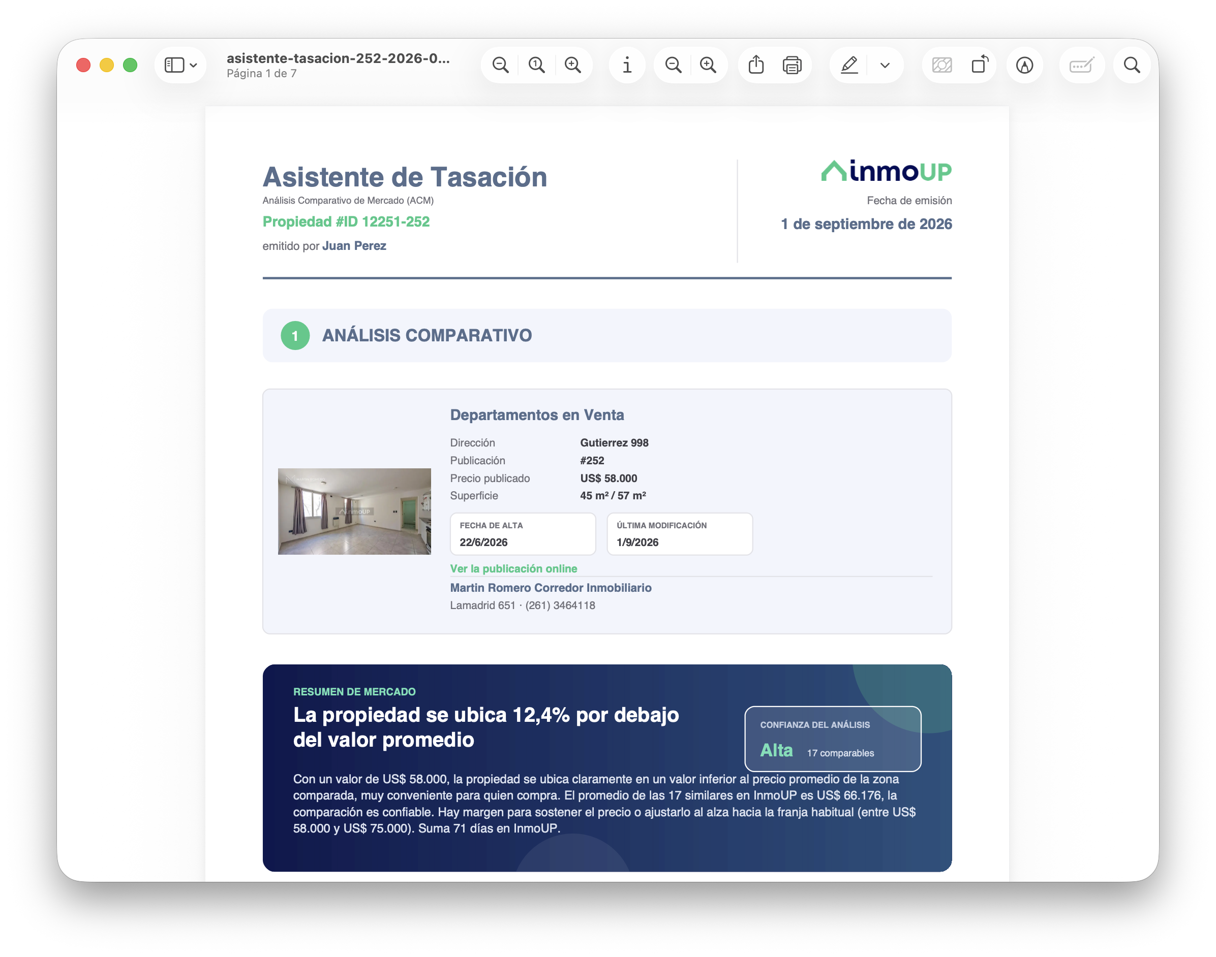 Listado de propiedades comparables analizadas y descartadas en el informe