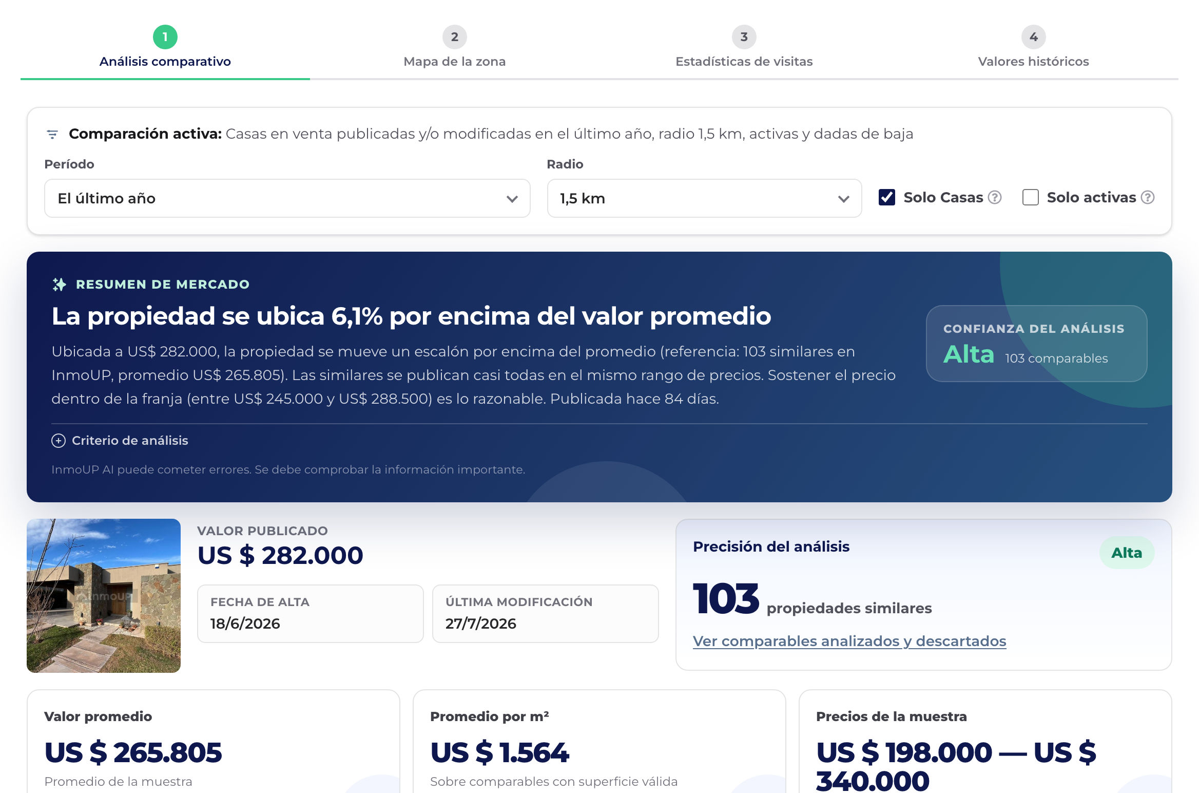 Valor promedio de la zona y posicionamiento de precio en Info Tasación