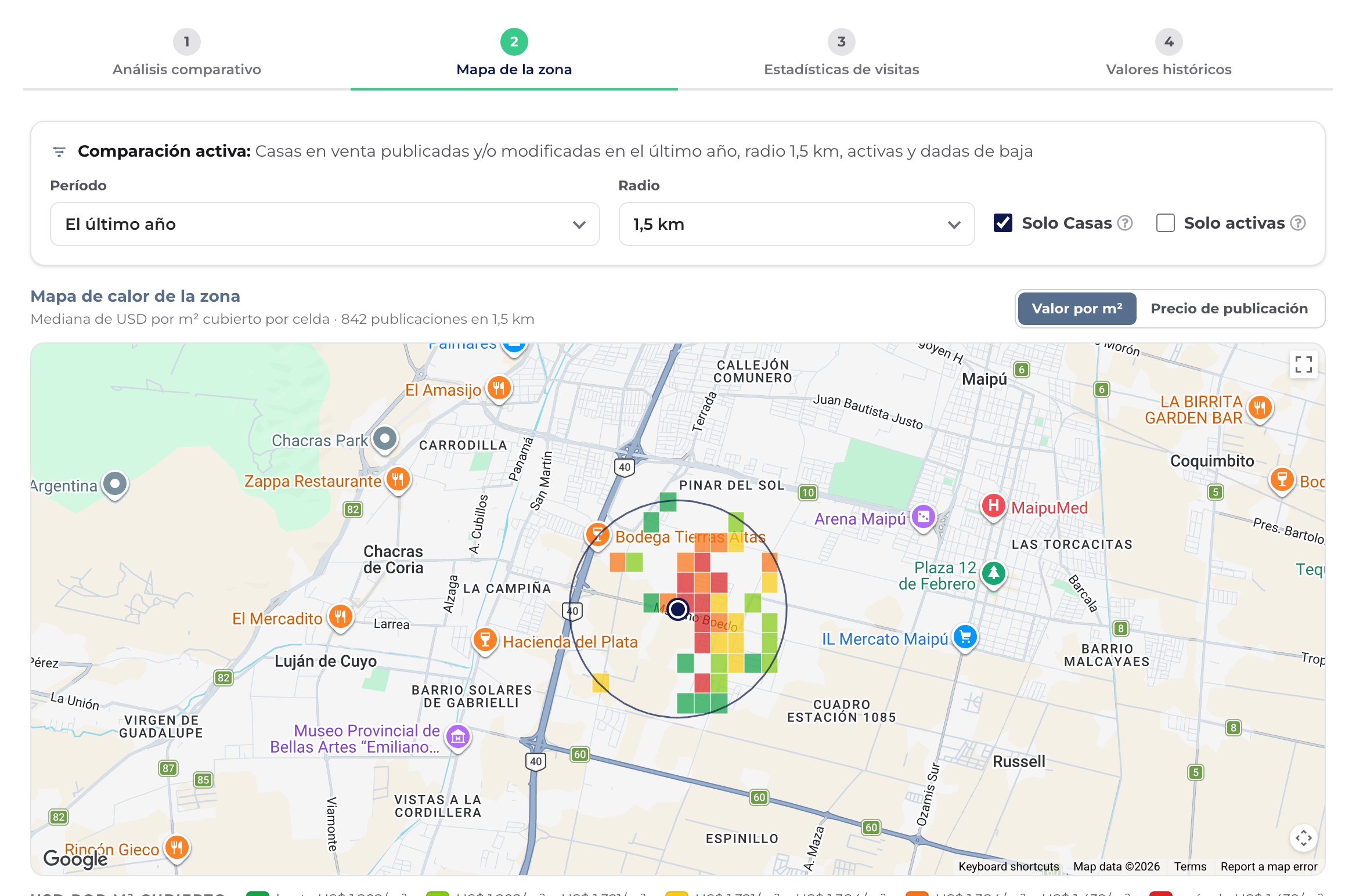 Mapa de calor de la zona en Info Tasación, con la propiedad en el centro del radio